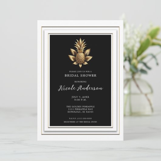Schwarz-weißes tropisches Ananas-Brautparty Einladung (Stehend Vorderseite)
