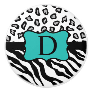 Schwarz-weißes Türkis Zebra Leopard Hautmonogramm Keramikknauf