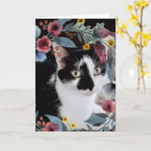 Schwarz-weißes Tuxedo Cat Foto mit Blume Karte (Gelbe Blume)