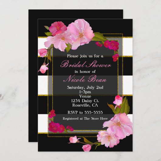 Schwarz-weißes und Gold Modernes Party mit Blumenm Einladung (Vorne/Hinten)