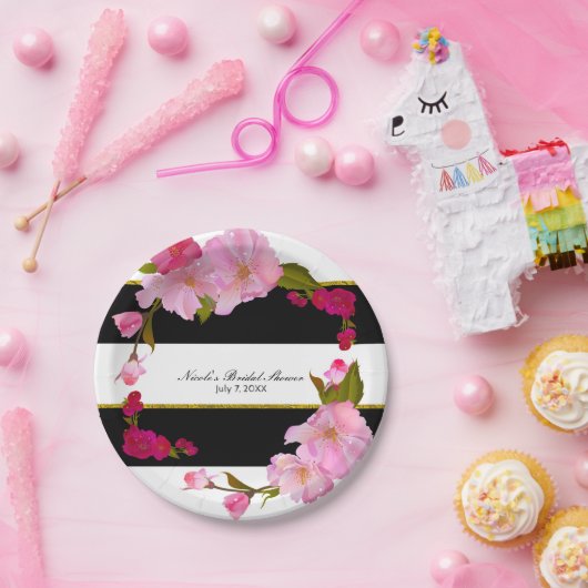 Schwarz-weißes und Gold Modernes Party mit Blumenm Pappteller (Party)