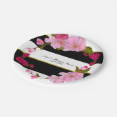 Schwarz-weißes und Gold Modernes Party mit Blumenm Pappteller (Schrägansicht)