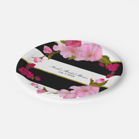 Schwarz-weißes und Gold Modernes Party mit Blumenm Pappteller (Schrägansicht)