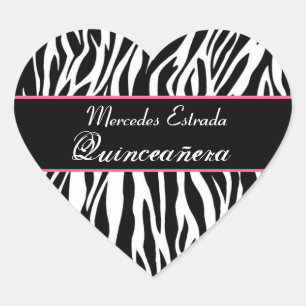 Schwarz-weißes und rosa Zebra Quinceanera Herz Herz-Aufkleber