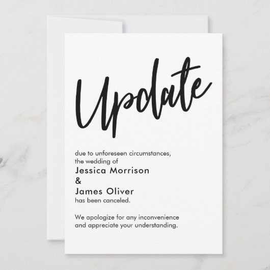 Schwarz-weißes Update storniert Hochzeitsankündigu Einladung (Vorderseite)