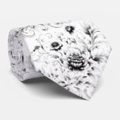 Schwarz-weißes verziertes Floraldesign Krawatte (Gerollt)