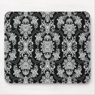 Schwarz-weißes vintage-barockes Blumenmuster Mousepad