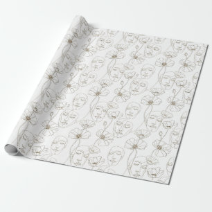 Schwarz-weißes vintage Blumen-Gesichtslinien-Muste Geschenkpapier