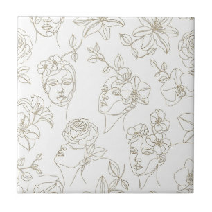 Schwarz-weißes vintage-blumen-Gesichtslinienmuster Fliese