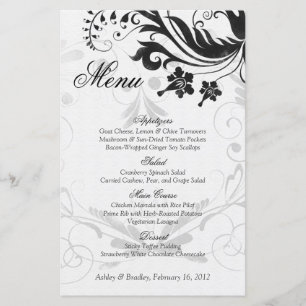 Schwarz-weißes Vintage-Blumen-Hochzeitsmenükarte