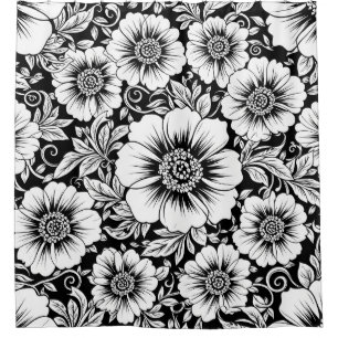 Schwarz-weißes vintage-blumen nahtloses Muster (2) Duschvorhang