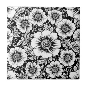 Schwarz-weißes vintage-blumen nahtloses Muster (2) Fliese