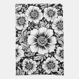 Schwarz-weißes vintage-blumen nahtloses Muster (2) Geschirrtuch