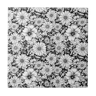 Schwarz-weißes vintage-blumen nahtloses Muster (7) Fliese