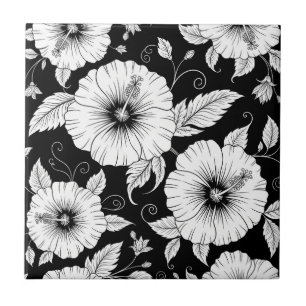 Schwarz-weißes vintage-blumen nahtloses Muster (8) Fliese