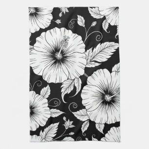 Schwarz-weißes vintage-blumen nahtloses Muster (8) Geschirrtuch