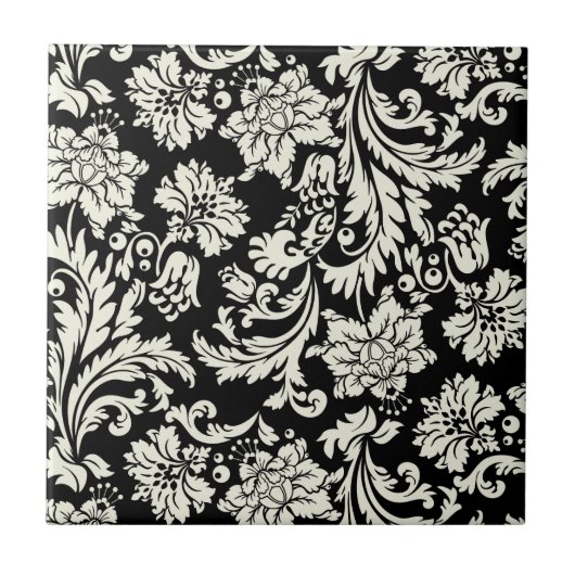Schwarz-weißes vintage-blumiges Damastmuster Fliese (Vorderseite)