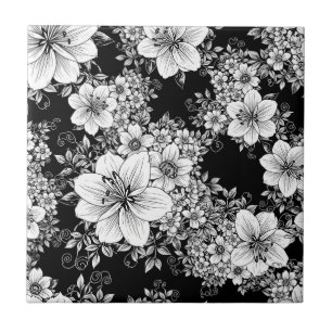 Schwarz-weißes vintage-blumiges nahtloses Muster ( Fliese