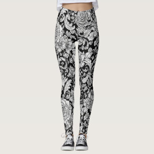 Schwarz-weißes vintage-blumiges nahtloses Muster ( Leggings