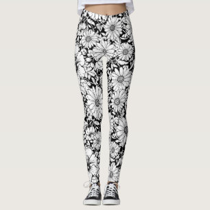 Schwarz-weißes vintage-blumiges nahtloses Muster ( Leggings