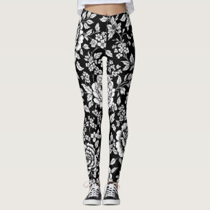 Schwarz-weißes vintage-blumiges nahtloses Muster ( Leggings