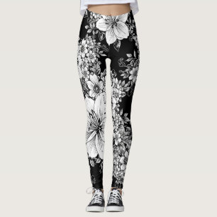 Schwarz-weißes vintage-blumiges nahtloses Muster ( Leggings