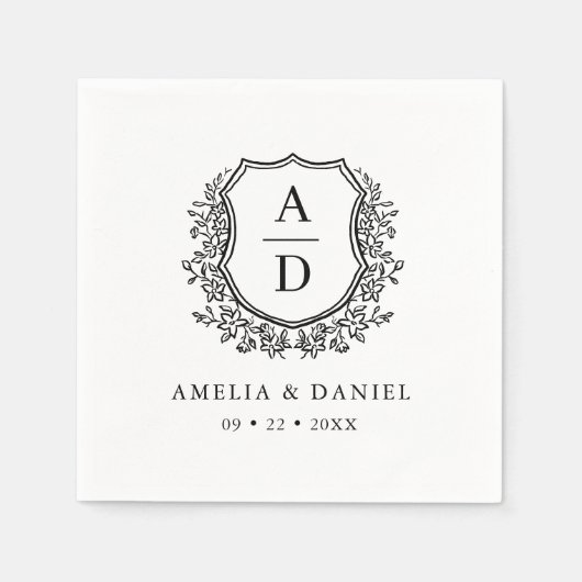 Schwarz-weißes Wappen Hochzeitsmonogramm Serviette (Vorderseite)