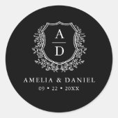 Schwarz-weißes Wappen Moderne Monogramm Hochzeit Runder Aufkleber (Vorderseite)