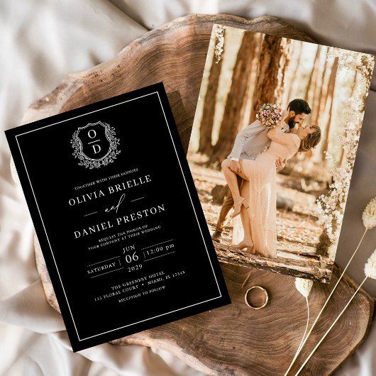 Schwarz-weißes Wappen Monogram Foto Hochzeit Einladung