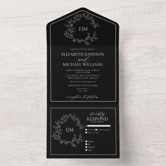 Schwarz-weißes Wappen Monogram Wedding All In One Einladung (Innen Boden)