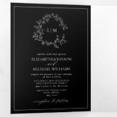 Schwarz-weißes Wappen Monogram Wedding Dreifach Gefaltete Einladung (Innen Erste Seite)