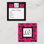SCHWARZ-WEISSES WARNPINK-DAMASK-SQUARE-MONOGRAMM QUADRATISCHE VISITENKARTE (Vorne/Hinten)