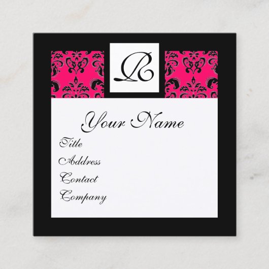 SCHWARZ-WEISSES WARNPINK-DAMASK-SQUARE-MONOGRAMM QUADRATISCHE VISITENKARTE (Vorderseite)
