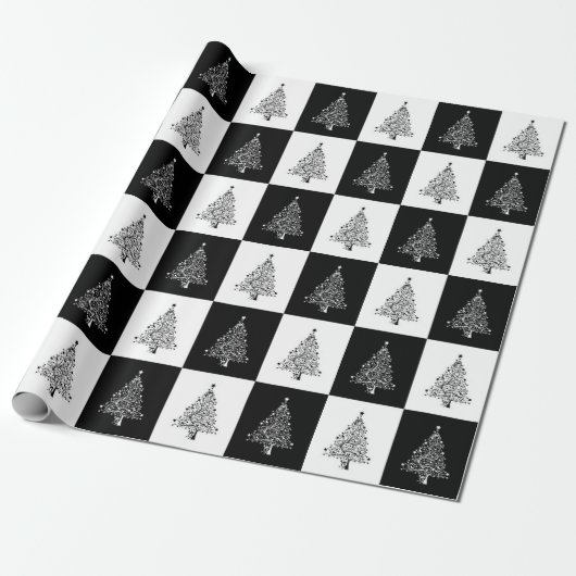 Schwarz-weißes Weihnachtsbaum-Muster elegant Geschenkpapier (Ungerollt)