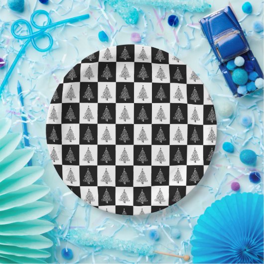 Schwarz-weißes Weihnachtsbaum-Muster elegant Pappteller (Party)
