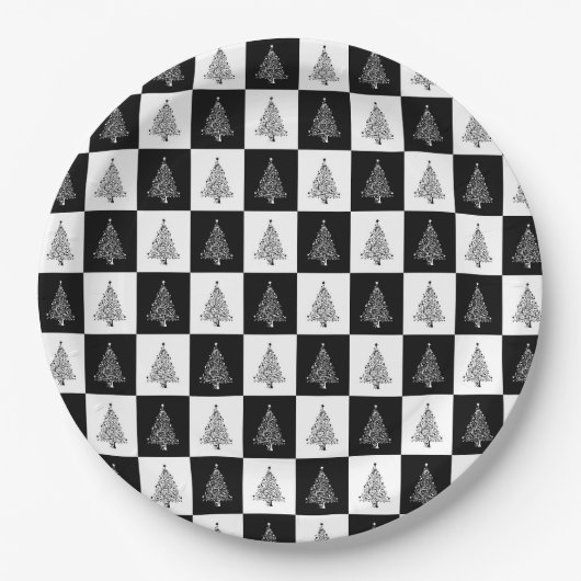 Schwarz-weißes Weihnachtsbaum-Muster elegant Pappteller (Vorderseite)