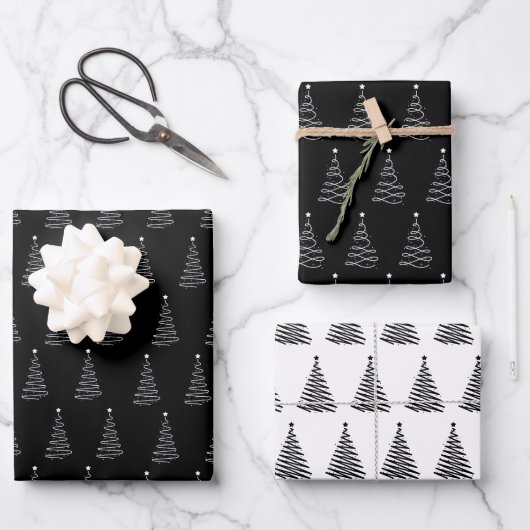 Schwarz-weißes Weihnachtsbaummuster Elegant Einfac Geschenkpapier Set (Vorderseite)