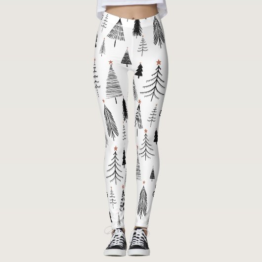 Schwarz-weißes Weihnachtsbaummuster Leggings (Vorderseite)