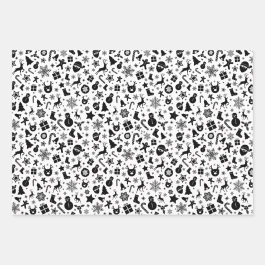 Schwarz-weißes Weihnachtsblatt-Set von 3 Geschenkpapier Set (Vorderseite 3)