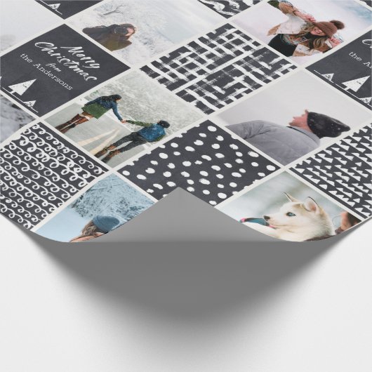 Schwarz-weißes Weihnachtspersonalize Collage Foto Geschenkpapier (Ecke)