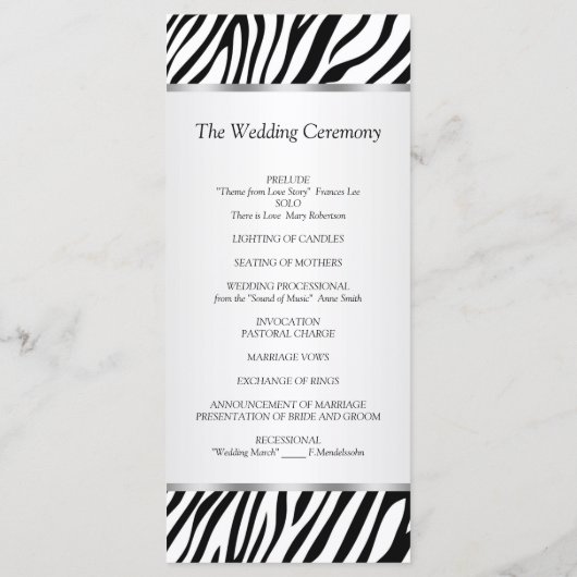 Schwarz-weißes Zebra-, Band-, Juwel-Hochzeitsprogr Programm (Rückseite)