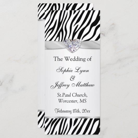 Schwarz-weißes Zebra-, Band-, Juwel-Hochzeitsprogr Programm (Vorne/Hinten)