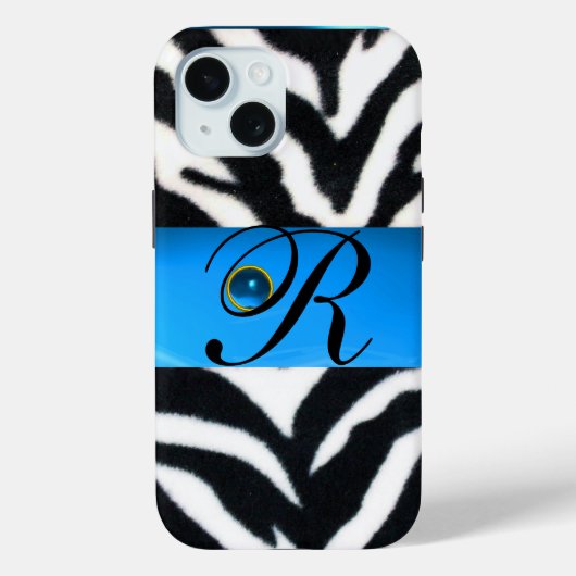 SCHWARZ-WEISSES ZEBRA FUR AQUA BLUE GEM MONOGRAM, Case-Mate iPhone HÜLLE (Rückseite)