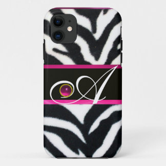 SCHWARZ-WEISSES ZEBRA FUR FUCHSIA PINK GEM MONOGRA iPhone 11 HÜLLE