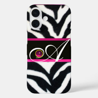 SCHWARZ-WEISSES ZEBRA FUR FUCHSIA PINK GEM MONOGRA iPhone 16 HÜLLE