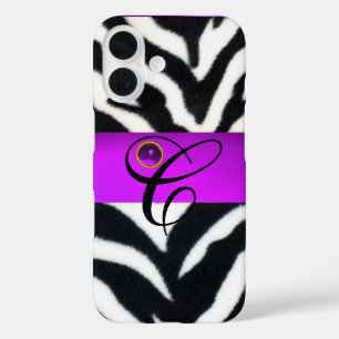 SCHWARZ-WEISSES ZEBRA FUR VIOLET LILA GEM MONOGRAM iPhone 16 HÜLLE
