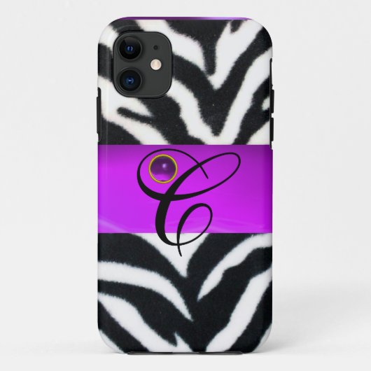 SCHWARZ-WEISSES ZEBRA FUR VIOLET LILA GEM MONOGRAM Case-Mate iPhone HÜLLE (Rückseite)