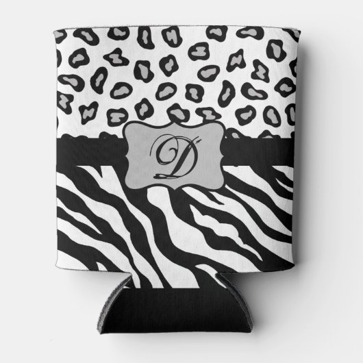 Schwarz-weißes Zebra Leopard-Monogramm Dosenkühler (Vorderseite)