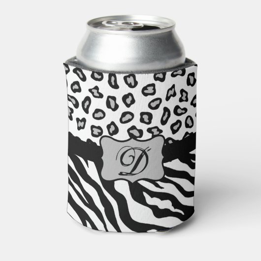 Schwarz-weißes Zebra Leopard-Monogramm Dosenkühler (Kanne Rückseite)