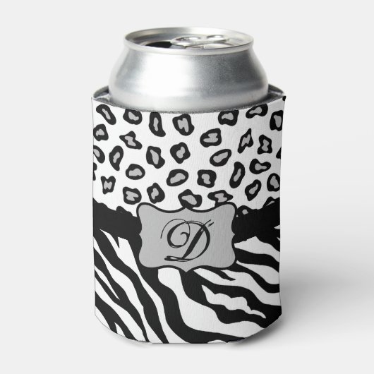 Schwarz-weißes Zebra Leopard-Monogramm Dosenkühler (Kanne Vorderseite)